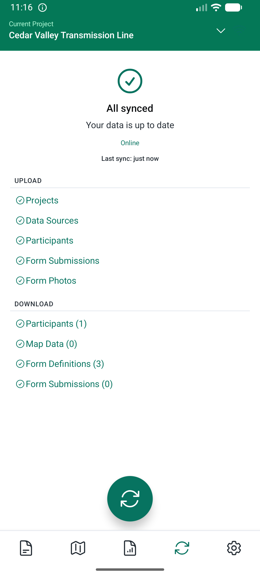 BirdDog sync screen showing successful upload of projects, observations, media, and form submissions