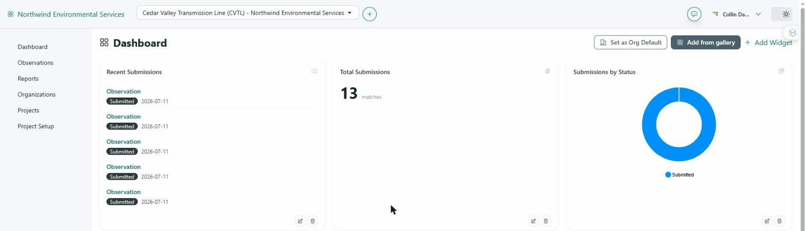 BirdDog dashboard showing recent submissions, total count, and submissions-by-status