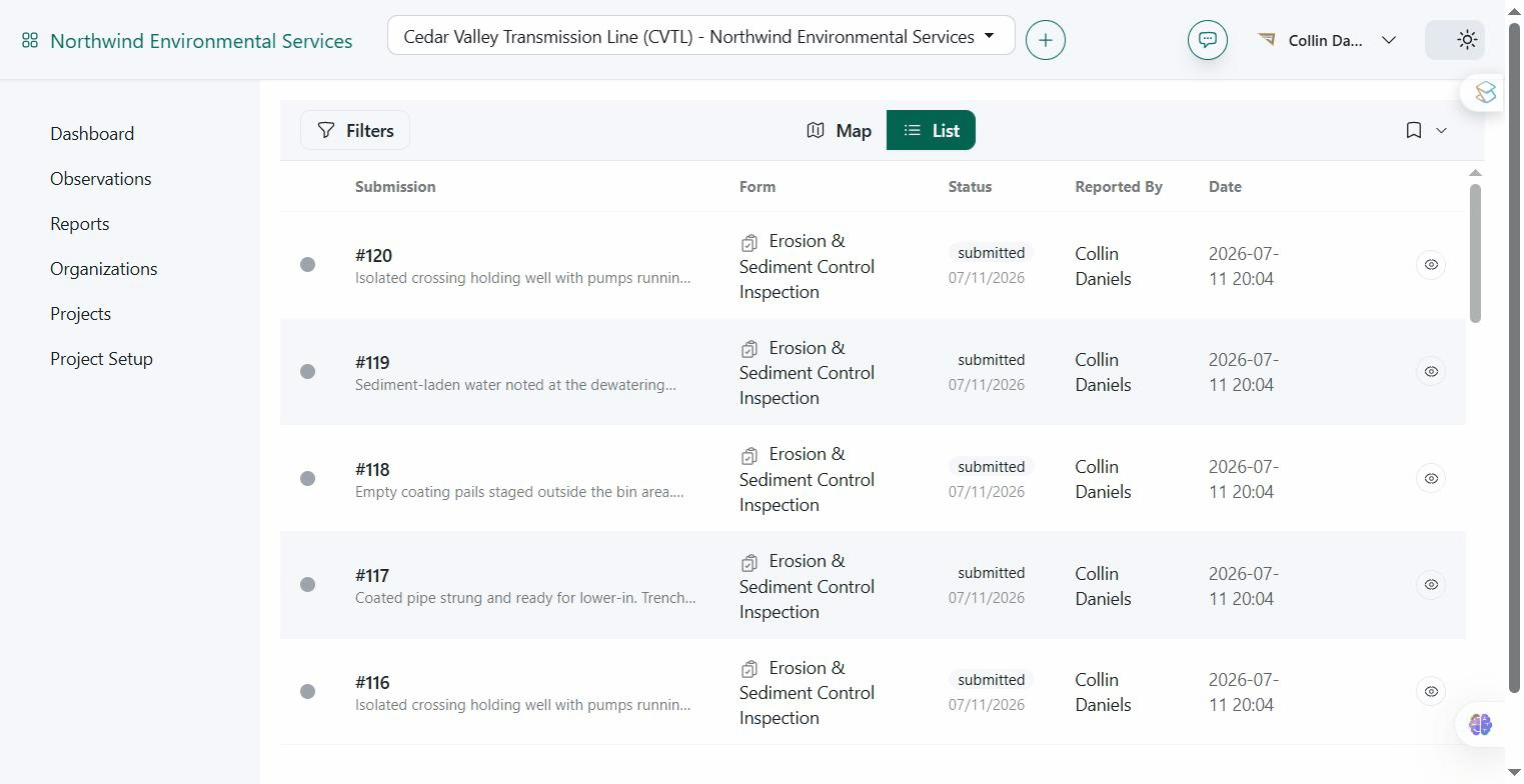 BirdDog observation list with risk-rank, status, category, and reporter columns