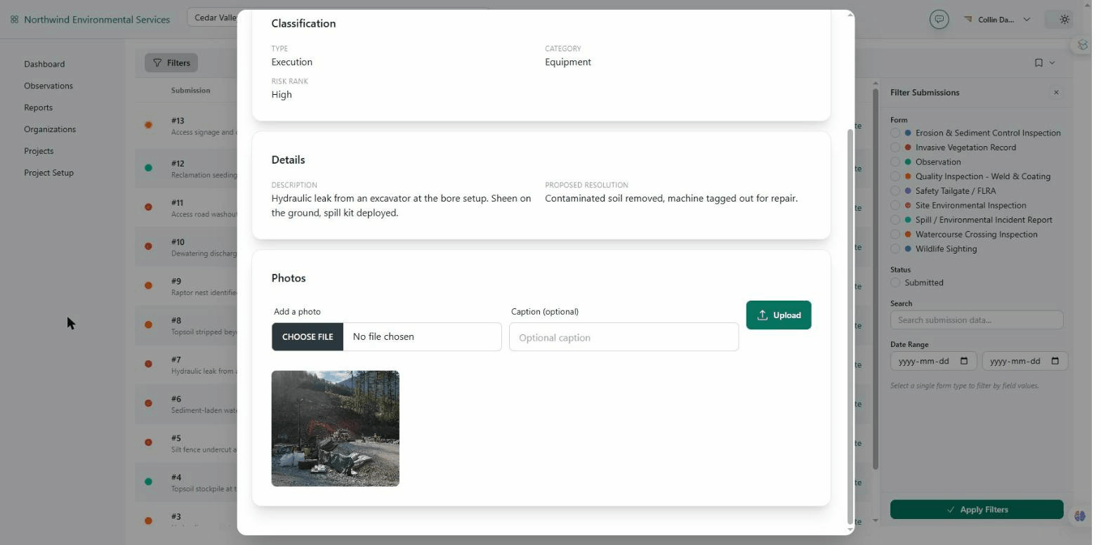 Observation record with type, category, risk rank, description, and an attached GPS-stamped field photo